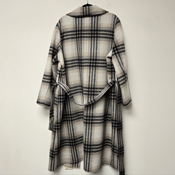 Banana Republic Double Face Wool Blend Tie Waist Wrap Coat White Plaid XL - Picture 5 of 10